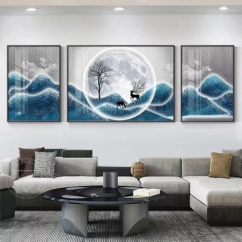 新款-沙发背景三联画轻奢麋鹿现代简约客厅镶钻晶瓷装饰画艺术