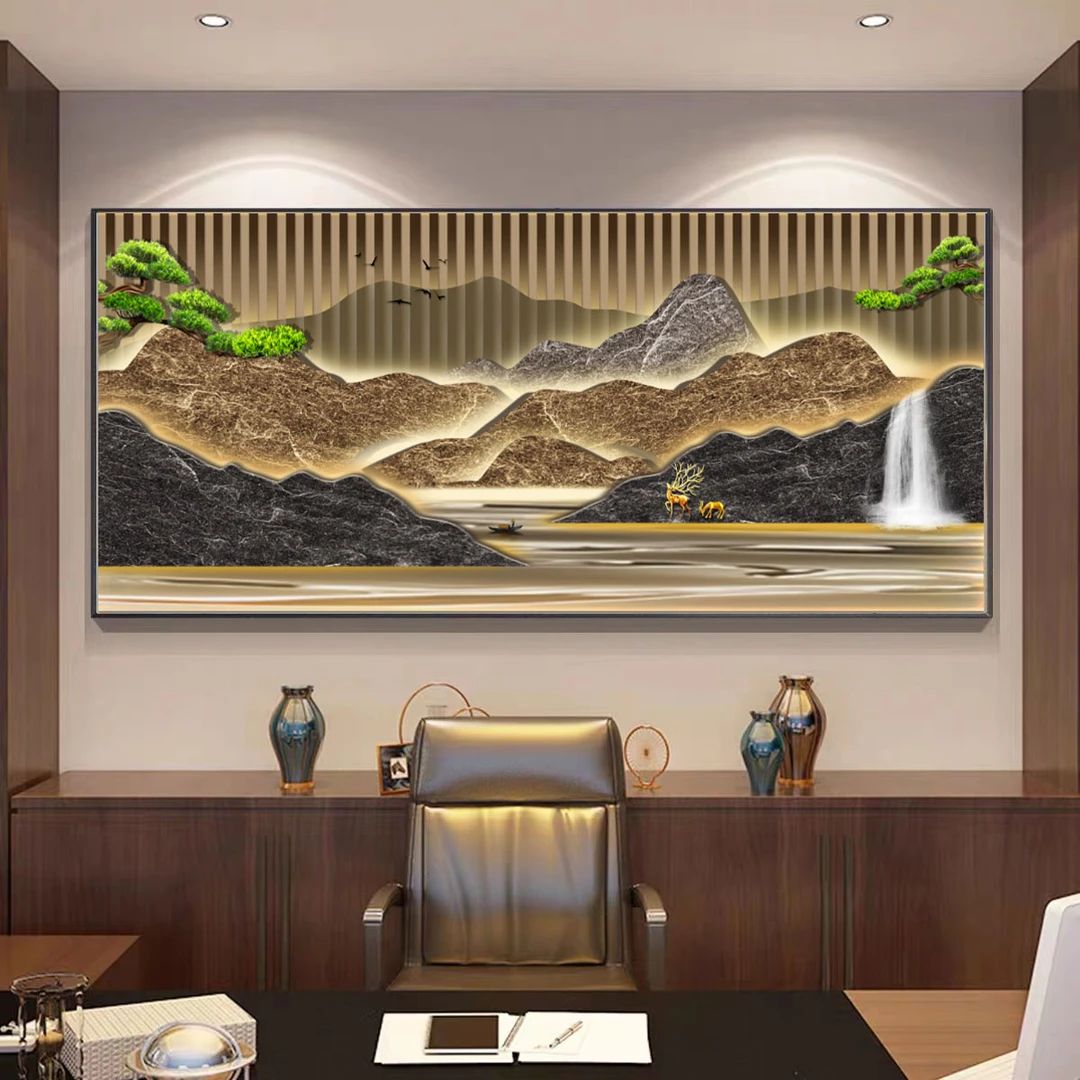 横款办公室客厅山水画-多款晶瓷镶钻铝合金装饰画新中式手工艺术