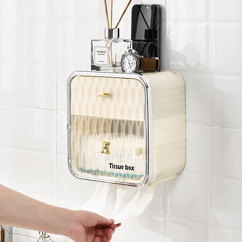 小熊壁挂双层多功能纸巾盒家用卫生间防尘免打孔抽纸垃圾袋收纳盒