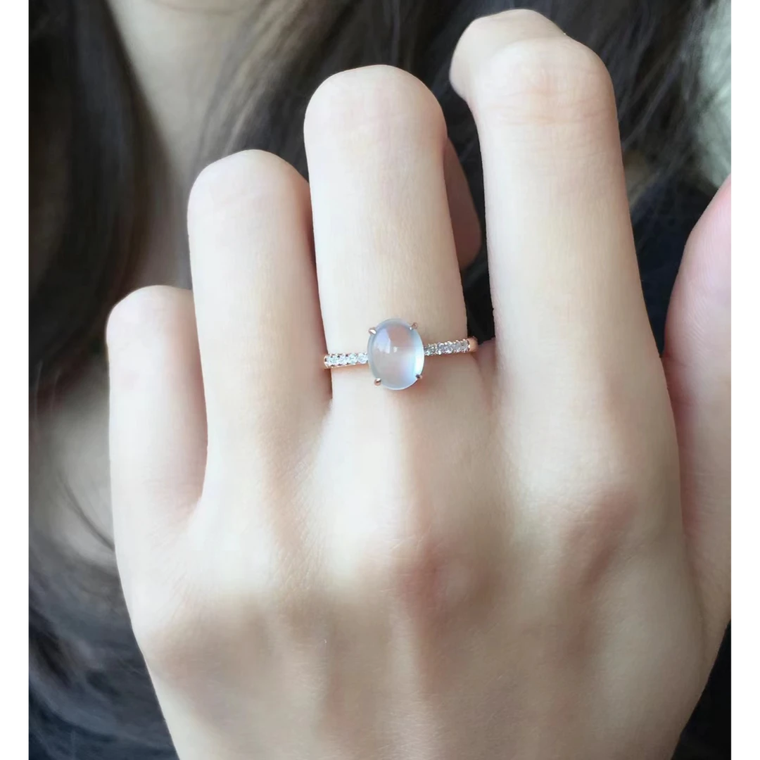 S925玫瑰银镶嵌白冰翡翠