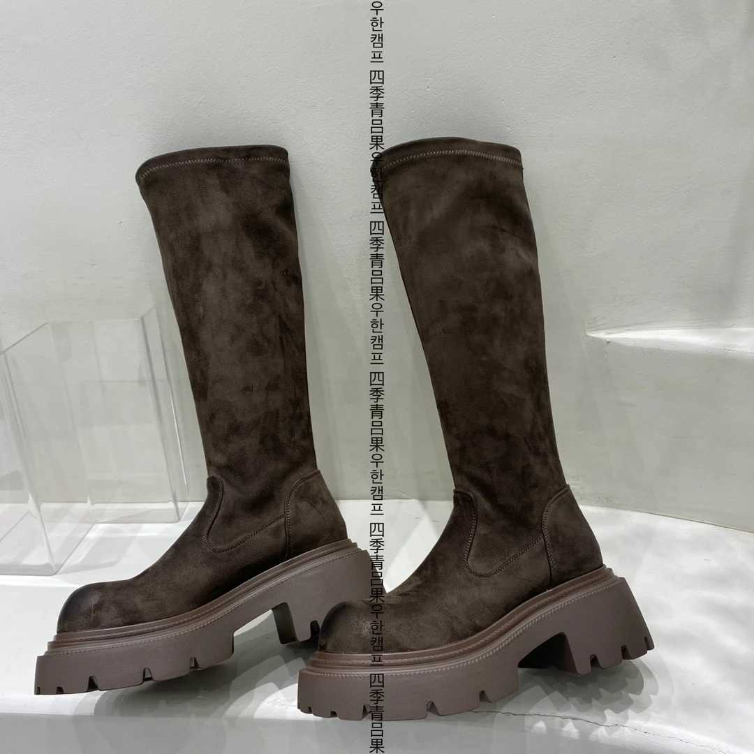 弹力高靴一新款厚底大头一脚蹬显瘦显腿细百搭磨砂绒面长筒靴