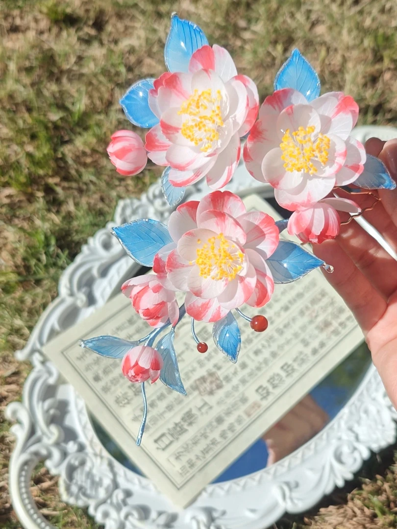 热缩山茶花发簪汉服配饰美人面国风新中式盘发发饰发钗原创手工