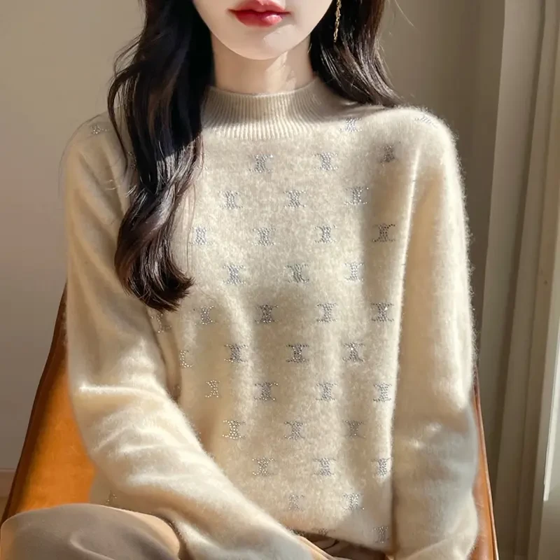 双C烫钻半高领针织打底衫减龄高级显瘦时尚套头女