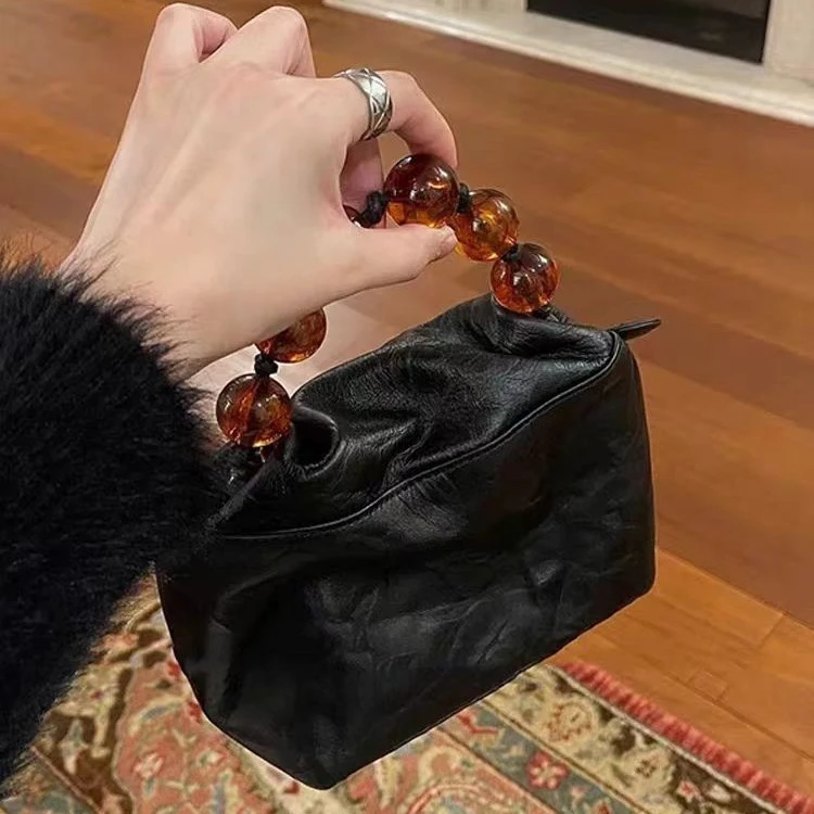 新中式国风串珠手提包2024新款国潮复古手抓纹斜挎包小众设计斜跨