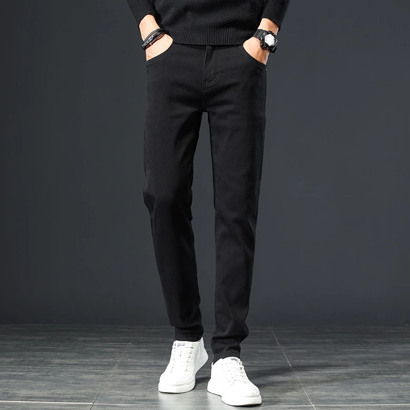 抓绒黑色牛仔裤修身小直筒中年男装厚款新款裤子潮流百搭显瘦秋冬