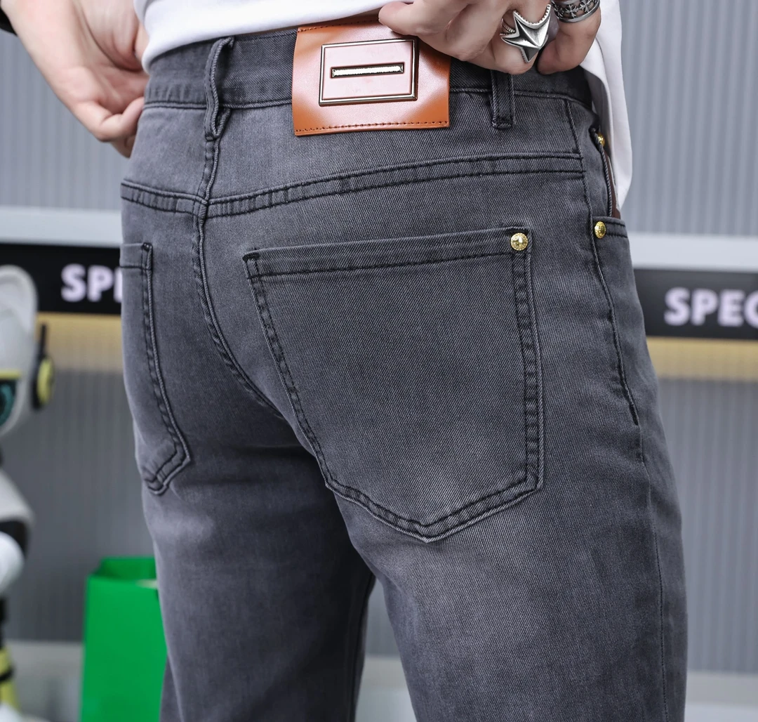 高端男士牛仔裤修身小脚弹力灰色中年男装裤子潮流男士网红牛仔裤