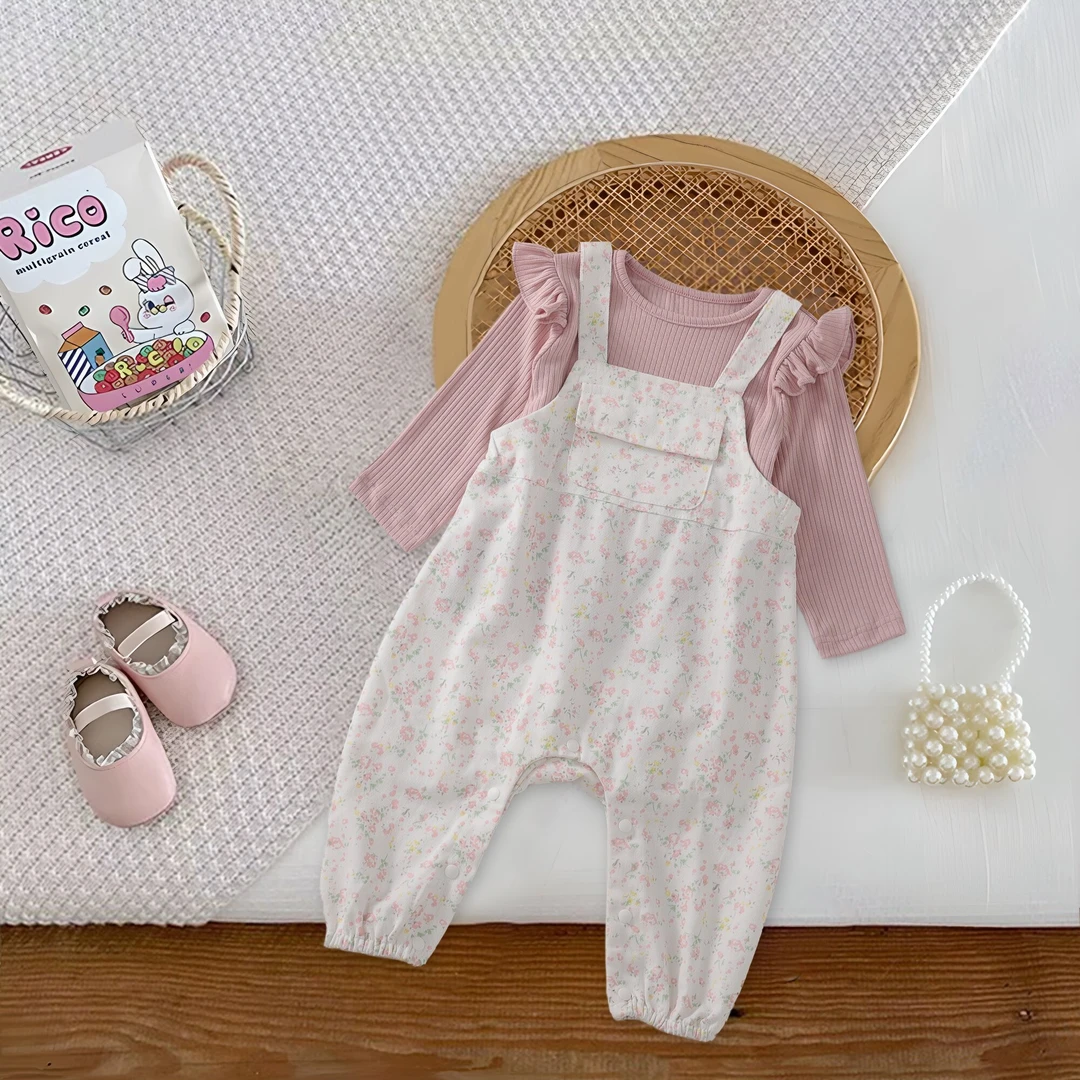 婴儿碎花背带裤套装春秋季新生儿连体衣女宝宝秋装洋气哈衣两件套