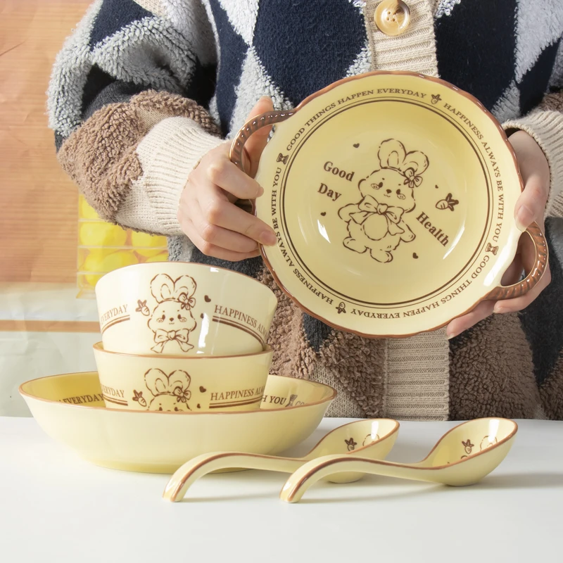 许愿兔奶油兔套装-2饭碗+2勺+1盘+1双耳碗