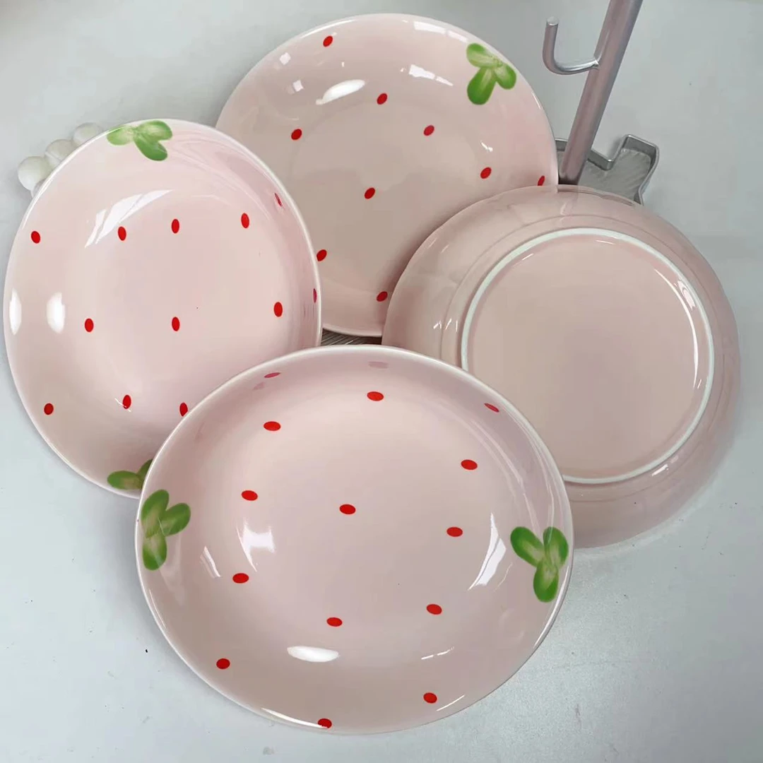 269 奶油草莓手绘8英寸深菜盘 四只装 长20高4.5