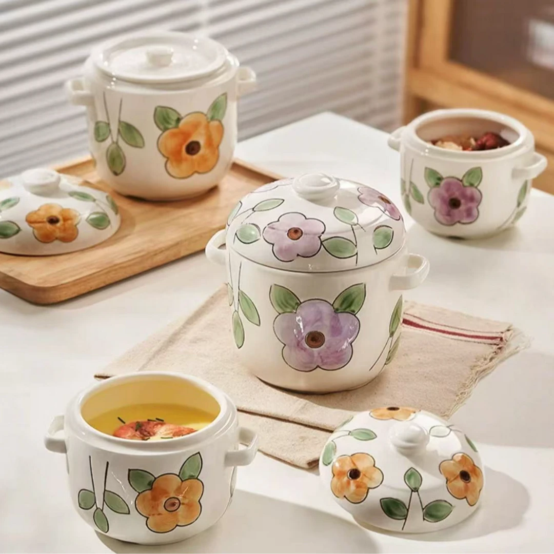 945手绘紫花浮雕釉下彩双盖炖盅单只装