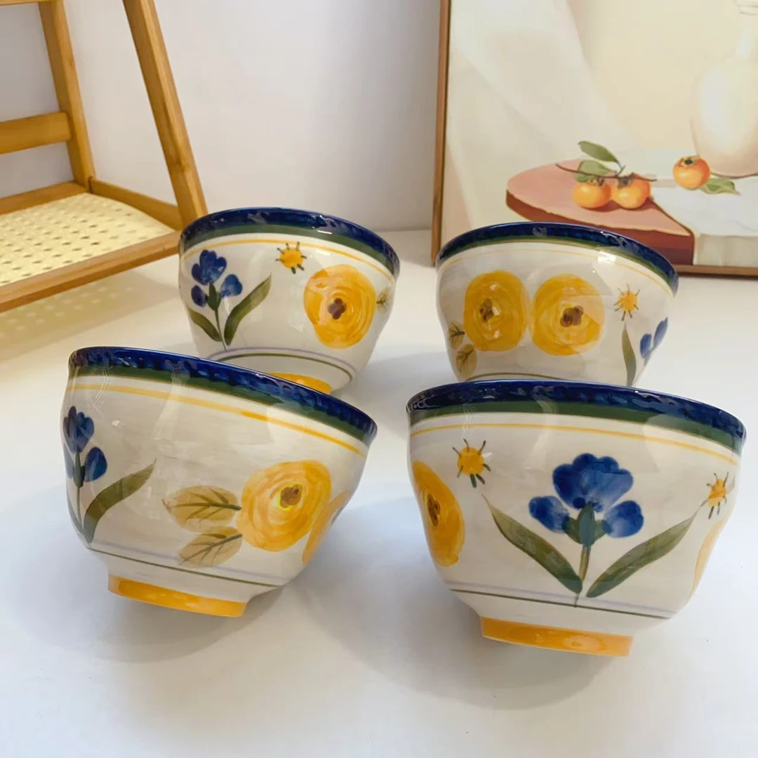 856花前悦语系列纯人工手绘高端米饭碗4.5英寸四只装 长11.5高7.5