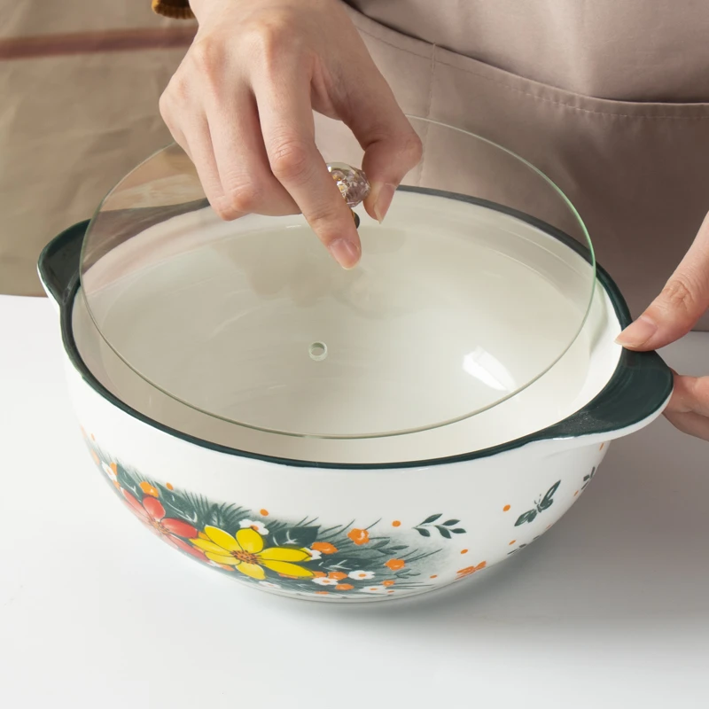 长24cm高8cm   9.5英寸梦玲花双耳带盖大汤碗-1个装