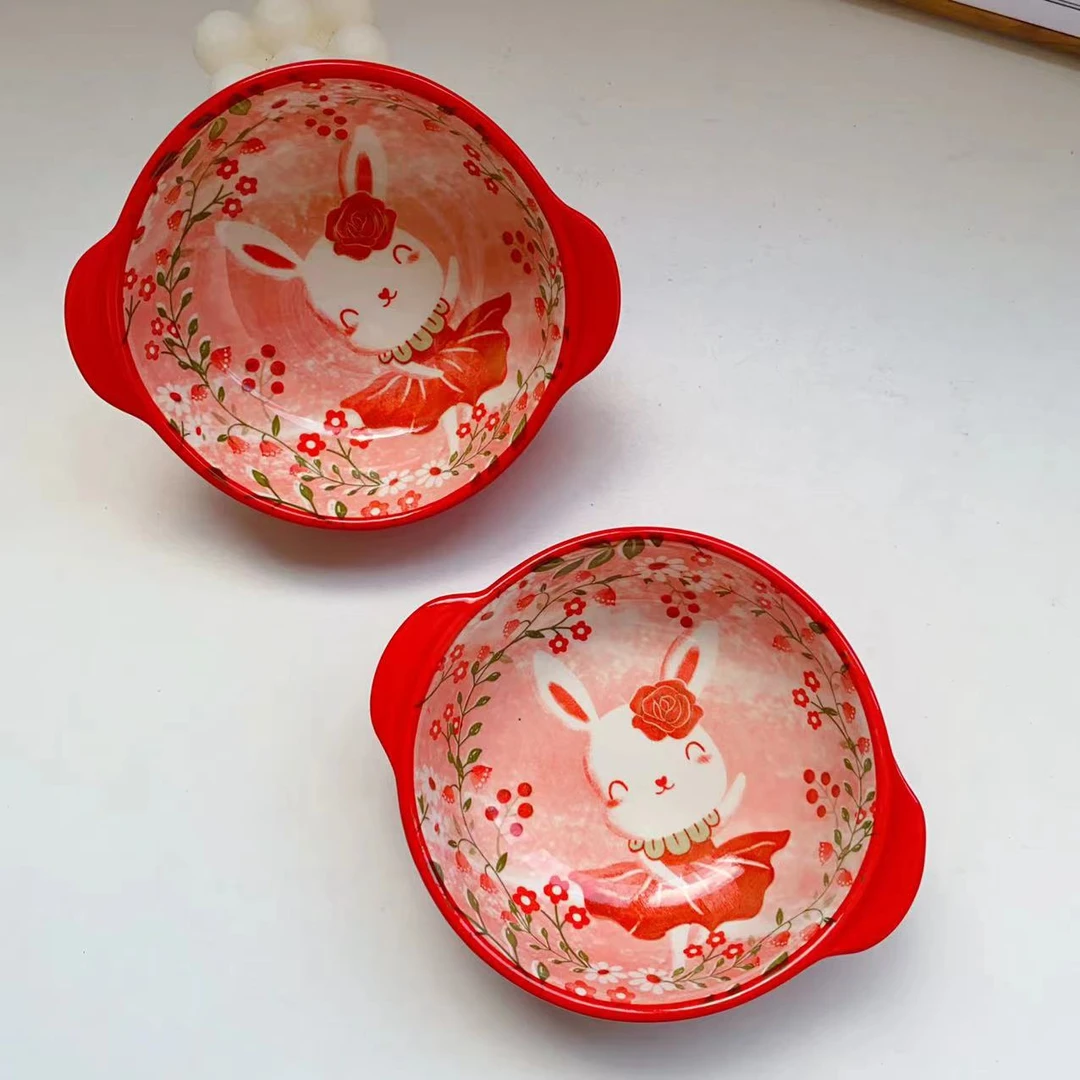 701芭蕾兔双耳釉下彩加厚宝宝碗6英寸两只装 长16高5