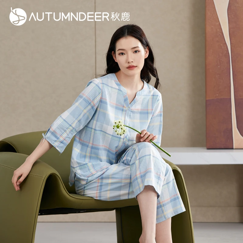 秋鹿春秋2023新款梭织宽松v九分裤大码优雅夏季睡衣家居服套装