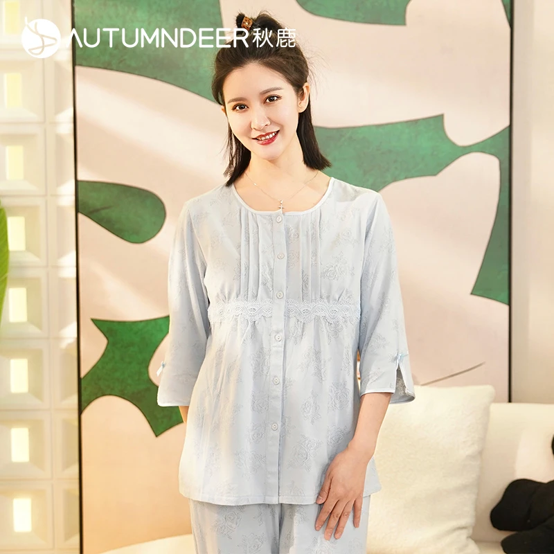 秋鹿短袖长裤睡衣女款春季2023新款薄款家居服套装春秋款宽松时尚