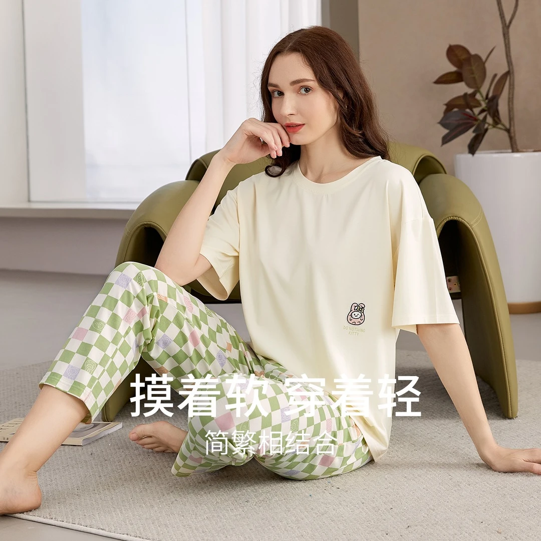 秋鹿针织单面印花圆领短袖长裤女套家居服薄款套装QHEN2601D宽松