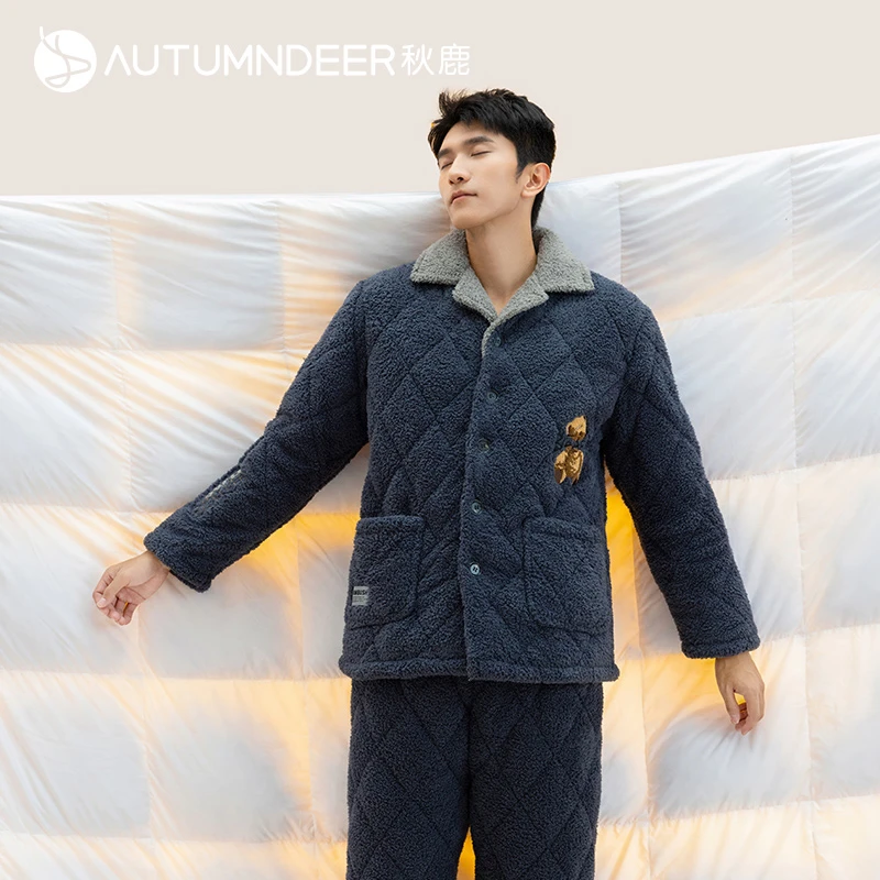 秋鹿绒夹棉长袖长裤男套套装加绒加厚保暖冬天