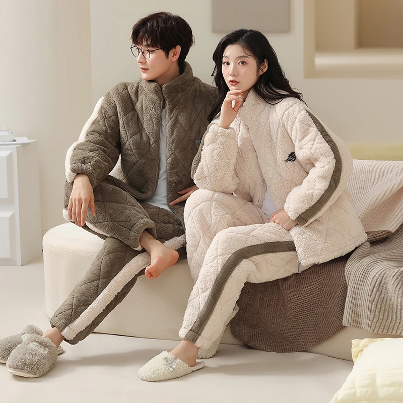 秋鹿毛绒家居服牛奶绒夹棉立领拉链情侣冬季保暖睡衣加厚加绒