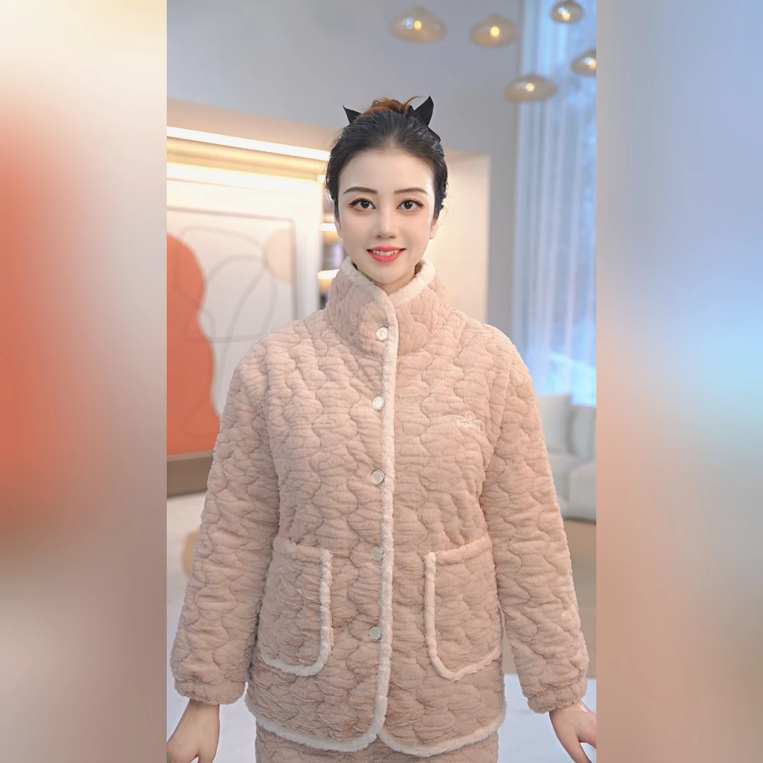 秋鹿兔毛绒披法兰绒立领夹棉女套保暖冬季家居服