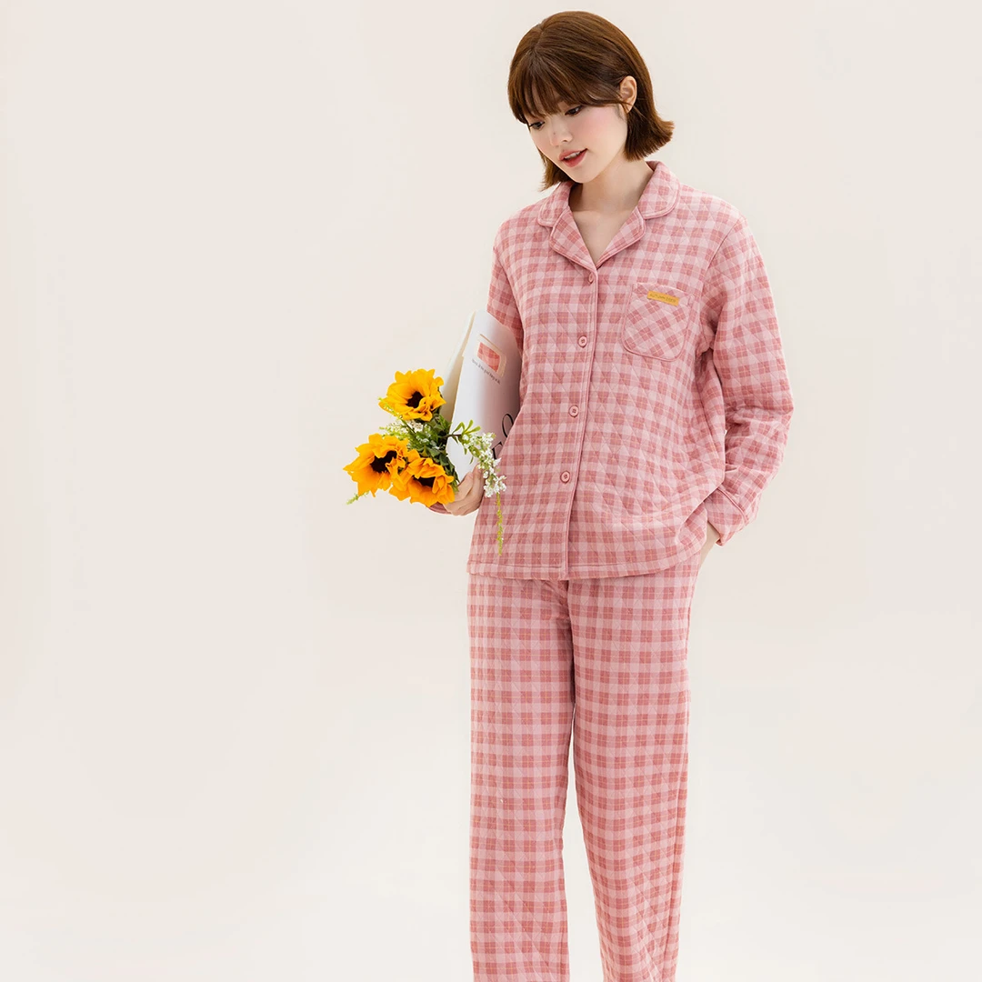 秋鹿[轻暖夹棉]睡衣2025秋冬夹丝空气棉翻领长袖格纹家居服女士