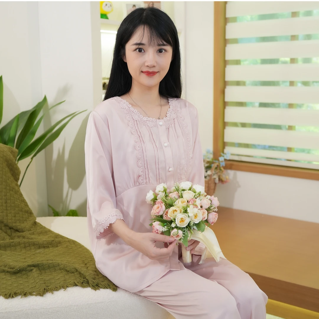 秋鹿冰丝减龄睡衣女七分袖长裤家居服套装夏季薄款女士时尚宽松