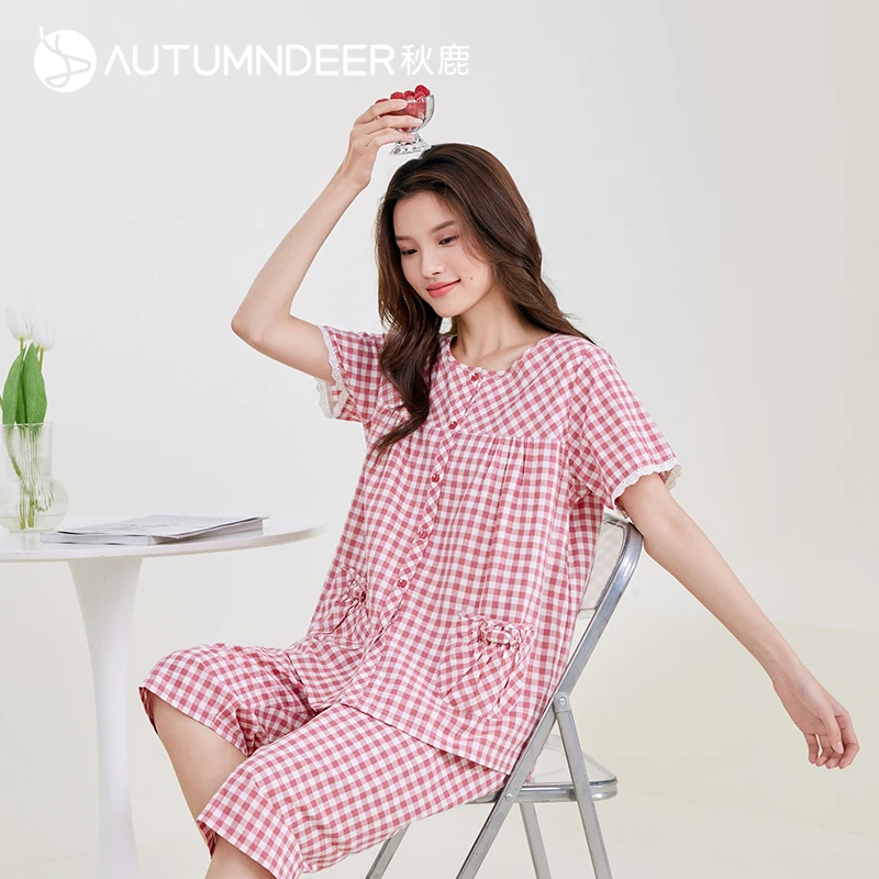 秋鹿梭织睡衣女夏季薄款柔软透气蕾丝花边格子短袖家居服套装