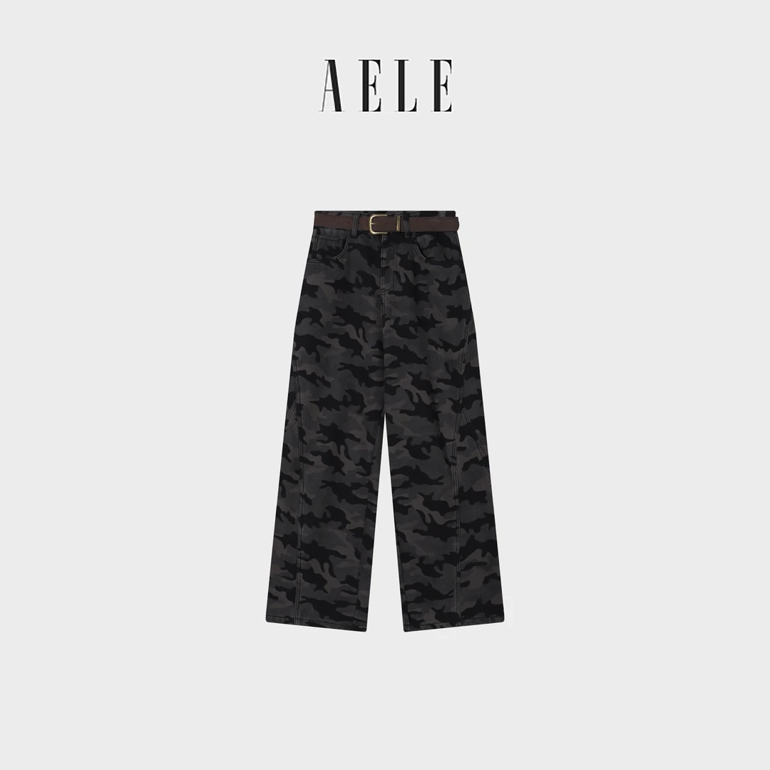 AELE K8F5 1390 AD 高腰宽松水洗加绒迷彩牛仔裤