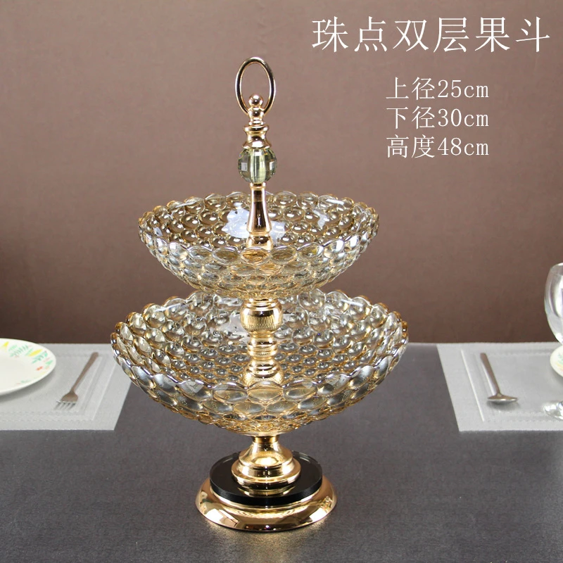 创意网红欧式客厅家用轻奢风编织精致高档圆形双层水晶玻璃水果盘
