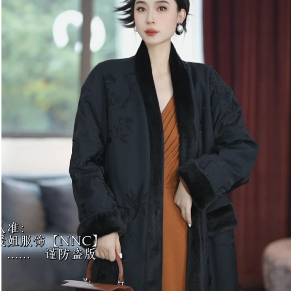 【NNC设计师款】 定制绣花双面黑色大衣印花长款复古秋冬百搭时尚
