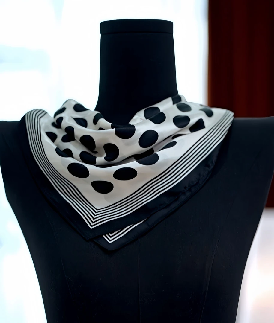 100%桑蚕丝波点丝巾黑白小方巾头巾职业装饰脖子围巾