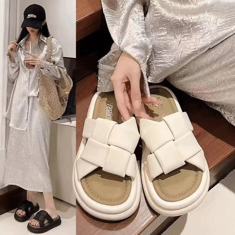 厚底编制棋盘拖鞋女外穿2025夏季新款高级感时尚百搭复古沙滩凉拖