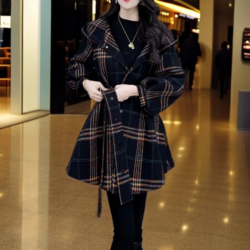 【外套】22361秋冬季新款优雅气质高档减龄格纹中长款显瘦外套M-4XL