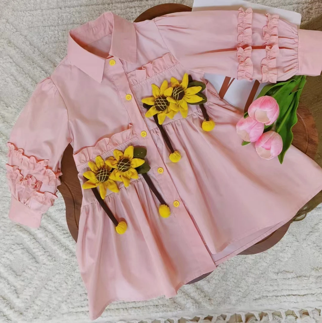 女童公主裙秋2024年新款洋气儿童泡泡袖太阳花外套衬衫连衣裙女孩