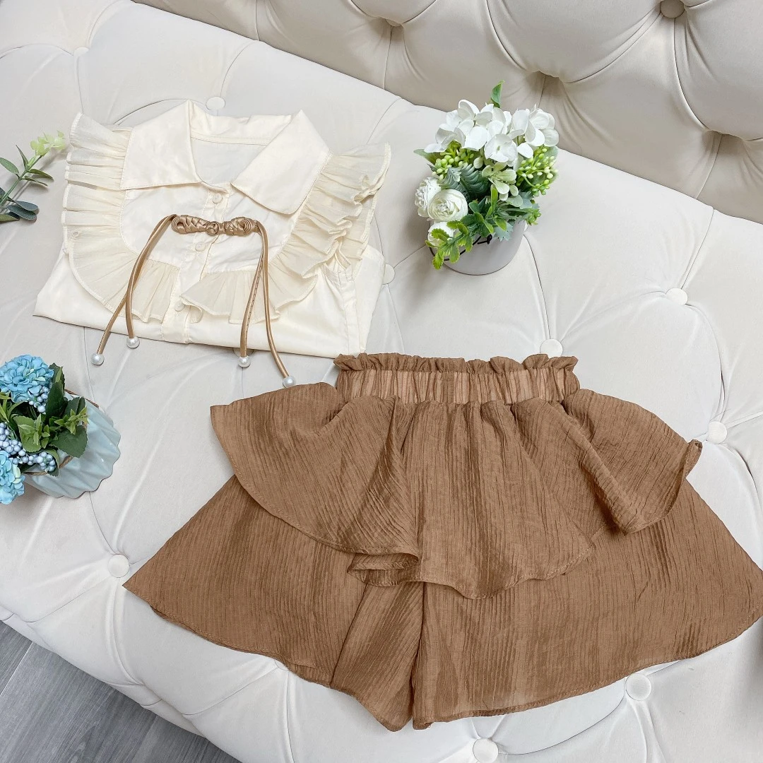2024女童洋气时髦套装裙夏季小女孩木耳边上衣网纱拼接裙两件套