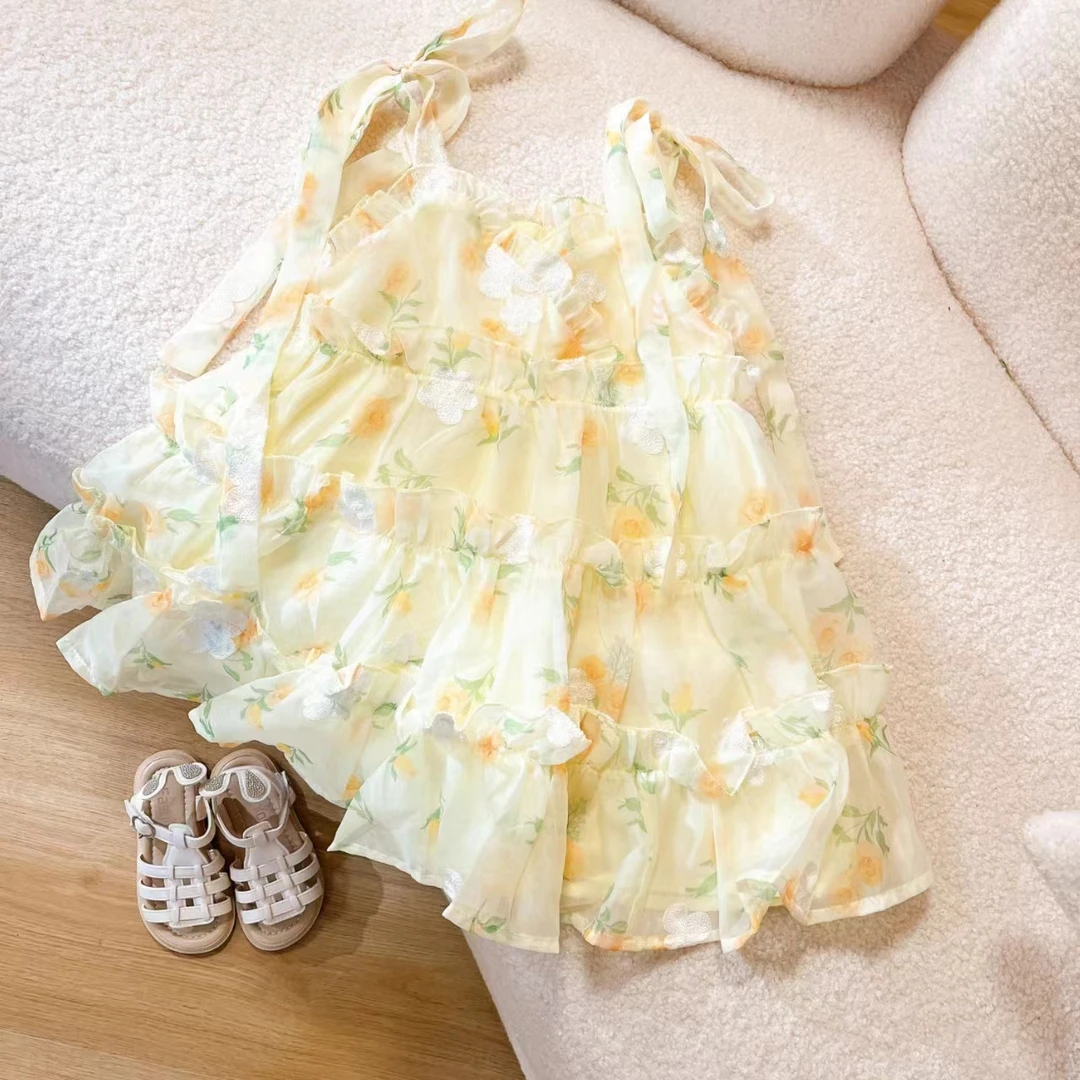 2024年新款女童洋气碎花夏季无袖印花复古国风套装小女孩连衣裙