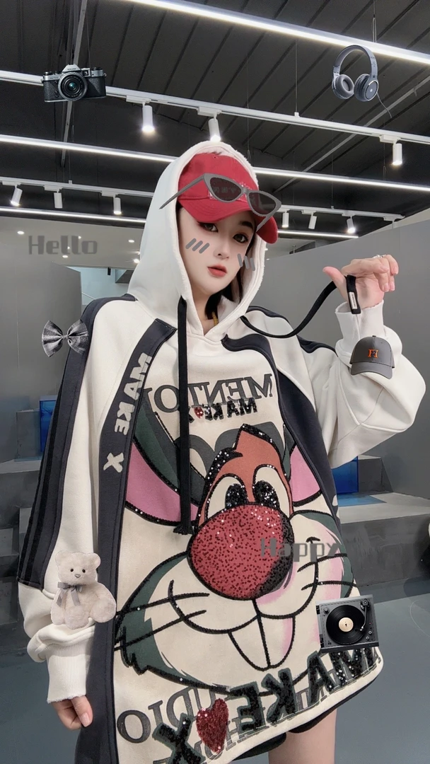 莹莹欧货【MX加绒龅牙兔子连帽卫衣】女潮牌秋冬休闲上衣20326