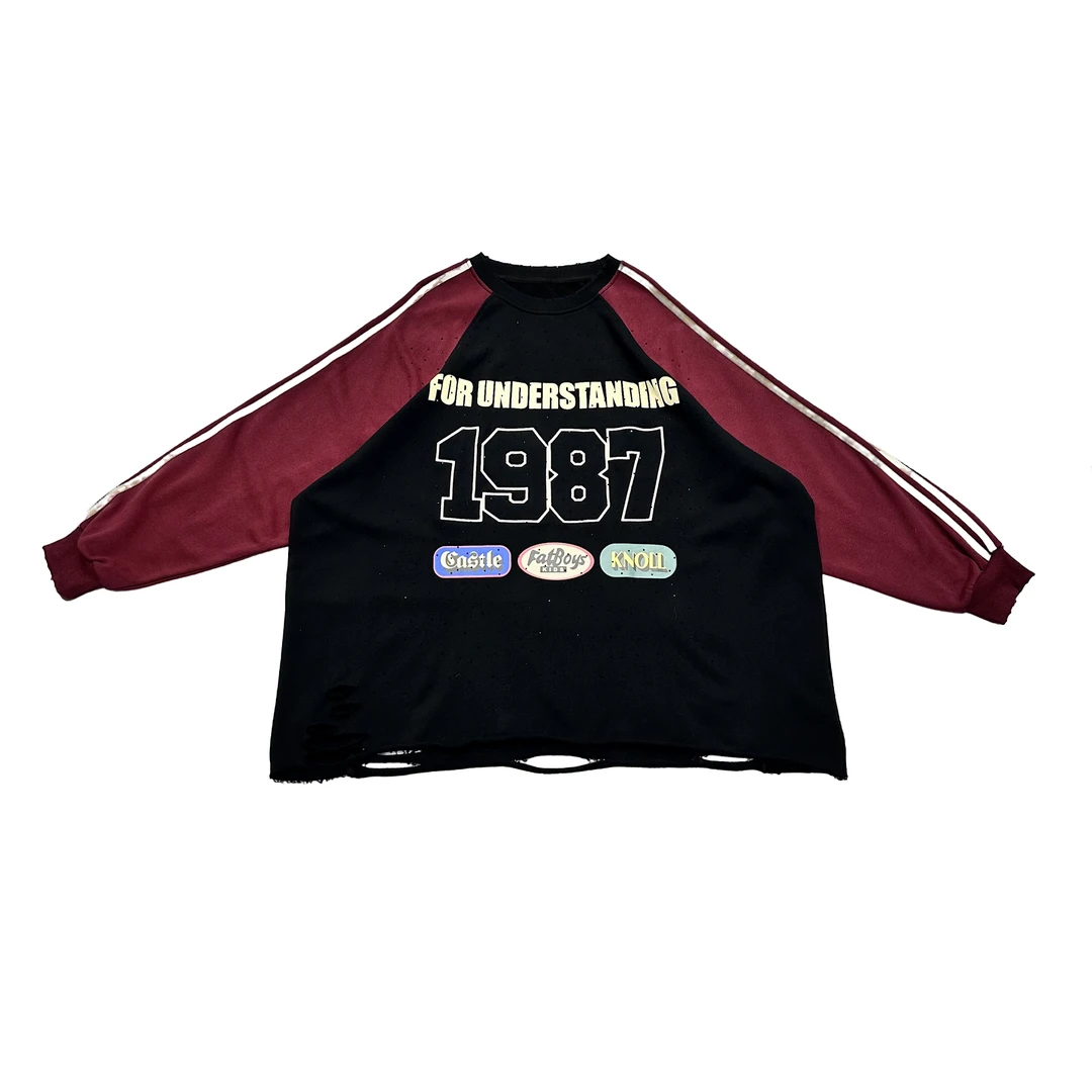 莹莹欧货【插肩袖1987圆领卫衣】烫钻做旧潮牌磨破卷边女长袖13450