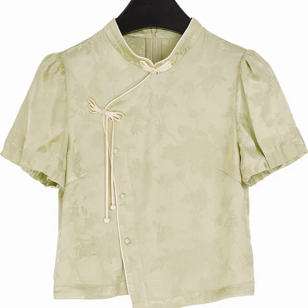 新中式国风绿色衬衫女士夏季新款宽松大码气质休闲显瘦设计感上衣