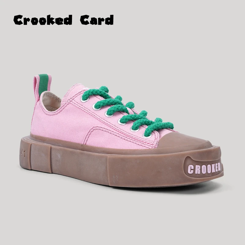Crooked Card 歪牌设计师 秋季新品厚底粉色方头硫化帆布鞋女休闲