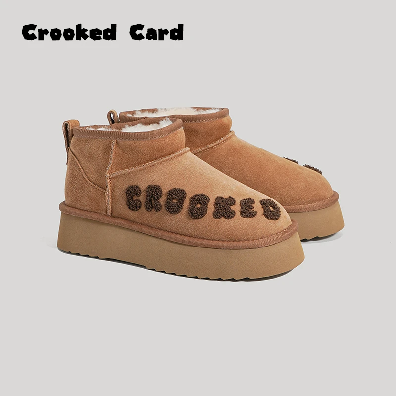 Crooked Card时尚牛反绒一脚蹬加绒雪地靴女保暖百搭2024秋冬新款
