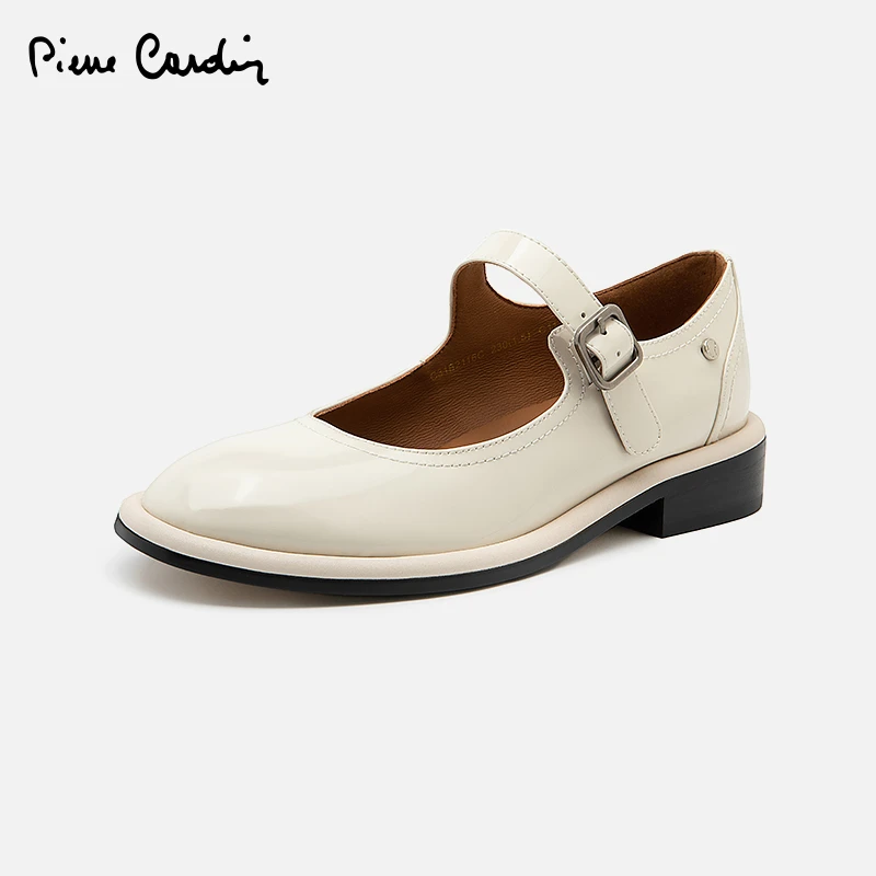 皮尔卡丹复古百搭漆皮玛丽珍鞋时尚舒适低跟浅口圆头防滑真皮女鞋