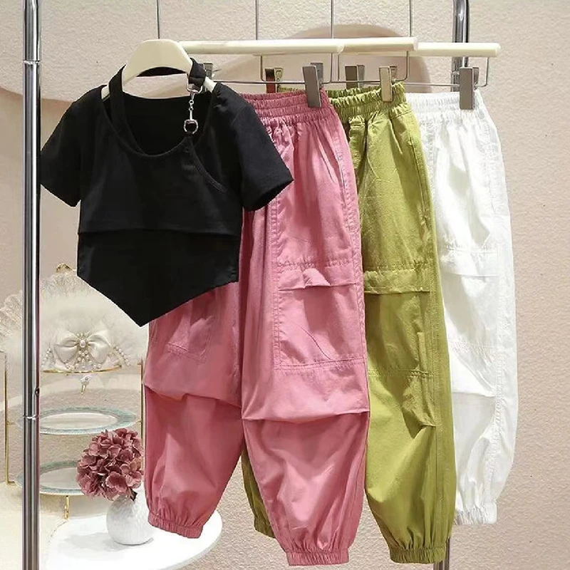 女童裤子休闲裤夏装2024新款中大童韩版工装裤长裤束脚裤防蚊裤