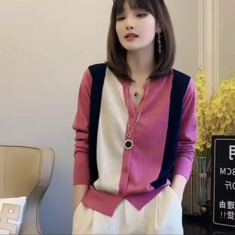 秋季新品拼色开衫女装韩版减龄长袖V领显瘦针织衫外搭上衣