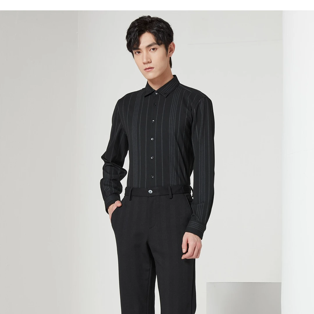 Lilanz/利郎男士翻领舒适透气时尚长袖秋季条纹休闲长衬 22QXC011