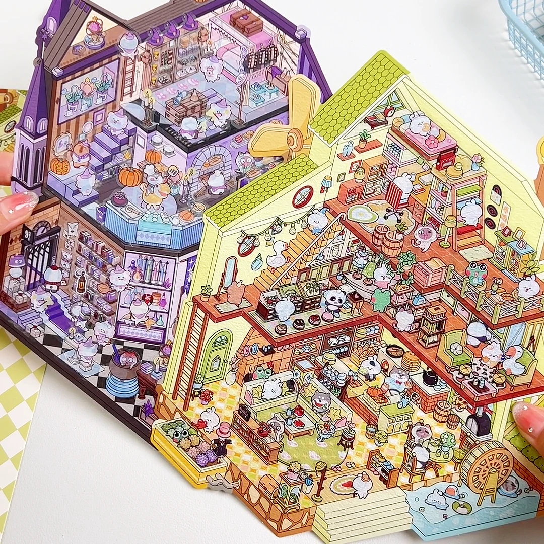 趣味收纳3d立体造景大尺寸贴纸微缩场景贴纸创意堆叠小屋收纳贴画