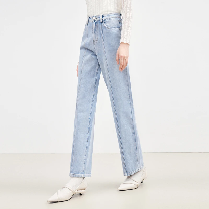 【品牌福利】秋水伊人水洗牛仔裤直筒显瘦高腰长裤子女0325