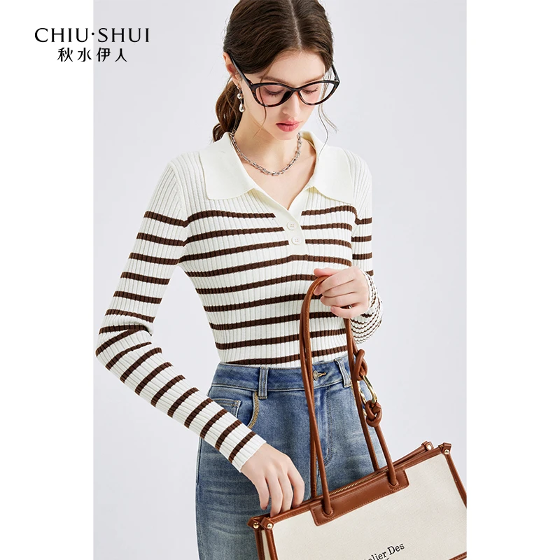 【赵老板专属】秋水伊人修身条纹翻领毛针织套衫女装624101A100166
