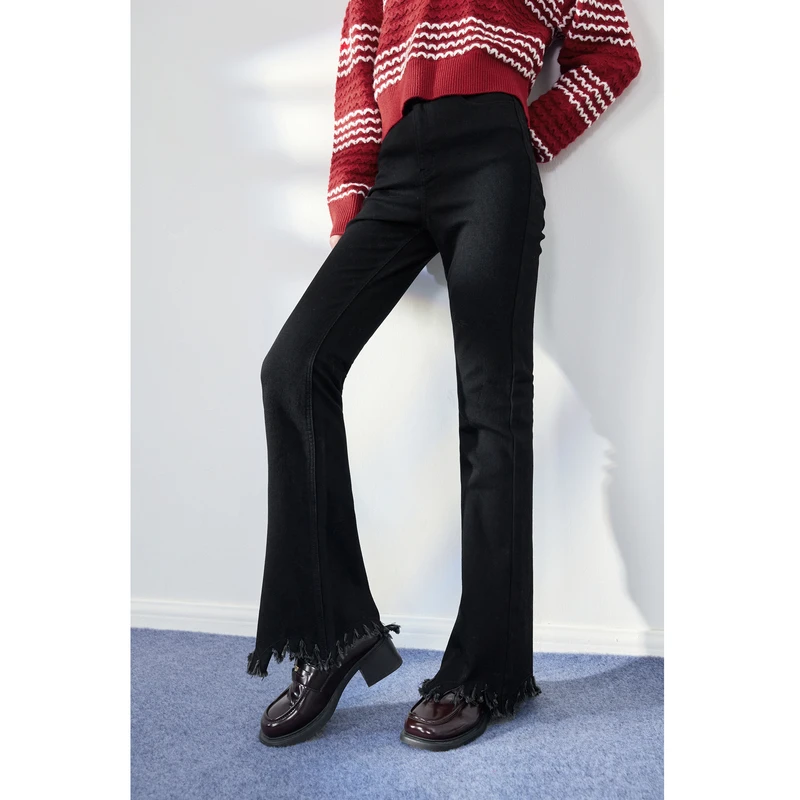 【直播】秋水伊人不规则毛边黑色喇叭裤显瘦微喇牛仔裤0295秋冬春秋