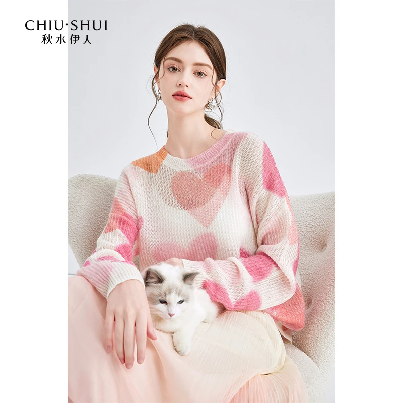 【品牌福利】秋水伊人宽松落肩甜美印花针织衫春季圆领上衣0331