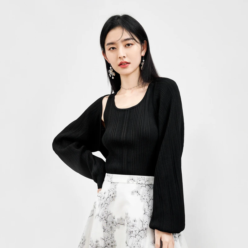 【小铃铛】秋水伊人黑色针织套装女通勤开衫吊带两件套7412